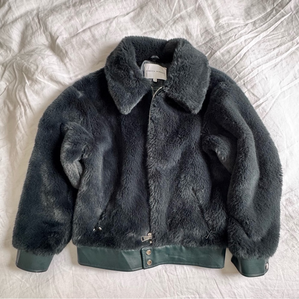 Luxurious Rebecca Minkoff Jean Faux Fur Bomber Jacket in teal- green (M)